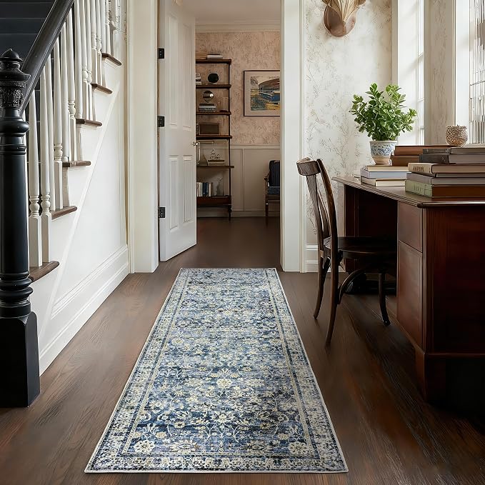 Blue 2x6 Runner Rug for Hallway Low Pile Kitchen Rugs Non Slip Washable Vintage - Image 9