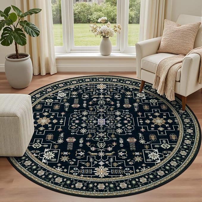 Round Area Rug for Living Room: 4 ft Washable Vintage Boho Soft Thin Circle Rug - Image 2