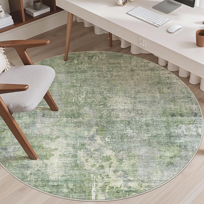 Soalmost 5x5 Green/Ivory Round Rug 5ft Living Room Circle Rug Vintage Round - Image 3