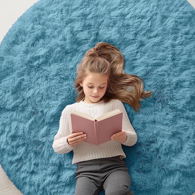 OLANLY Slate Blue Round Rugs for Bedroom by OLANLY