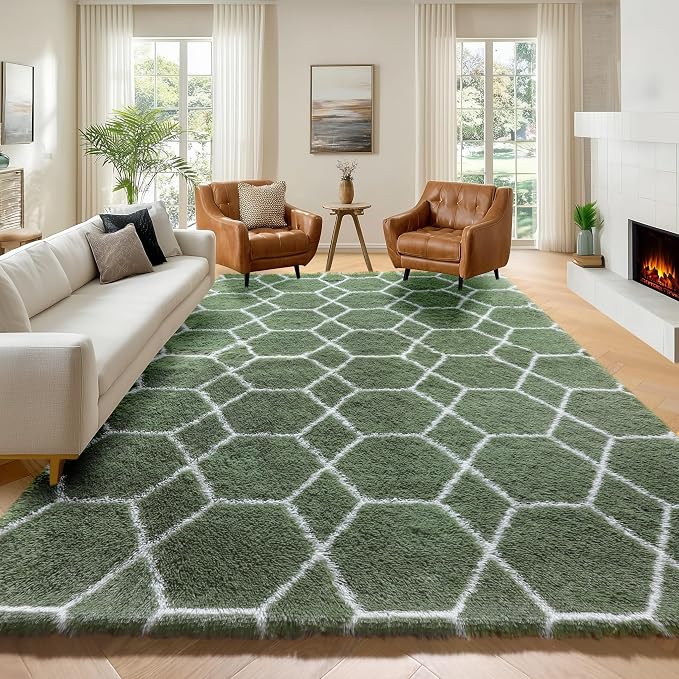 ONASAR 5x7 Area Rugs for Living Room Bedroom, Fluffy Olive Green and White by ONASAR