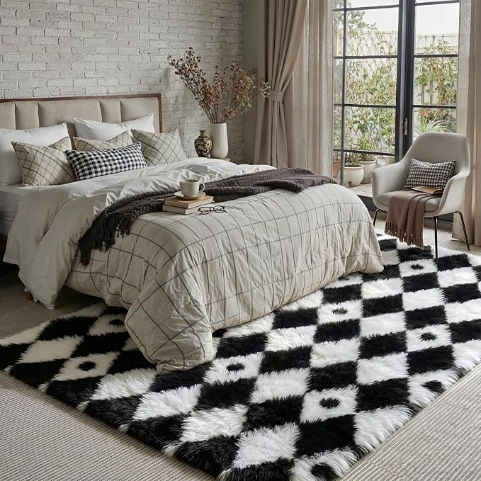 PureCozy Checkered Rug 5x8 Fluffy Shag Living Room Black and White Area Rug - Image 4