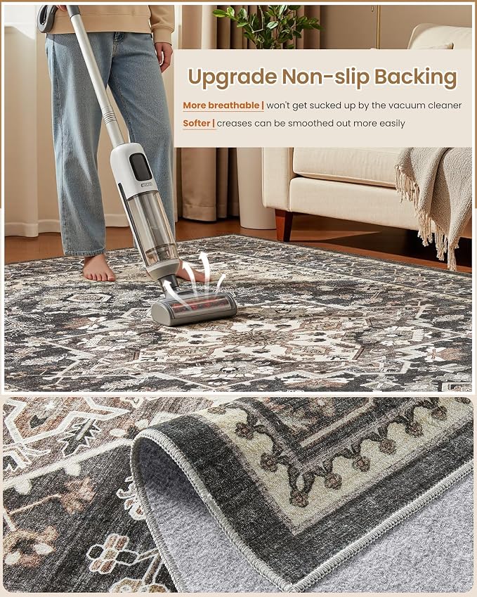 10x14 Vintage Area Rug: Washable Neutral Soft Non Slip Thin Large Floor Carpet - Image 6