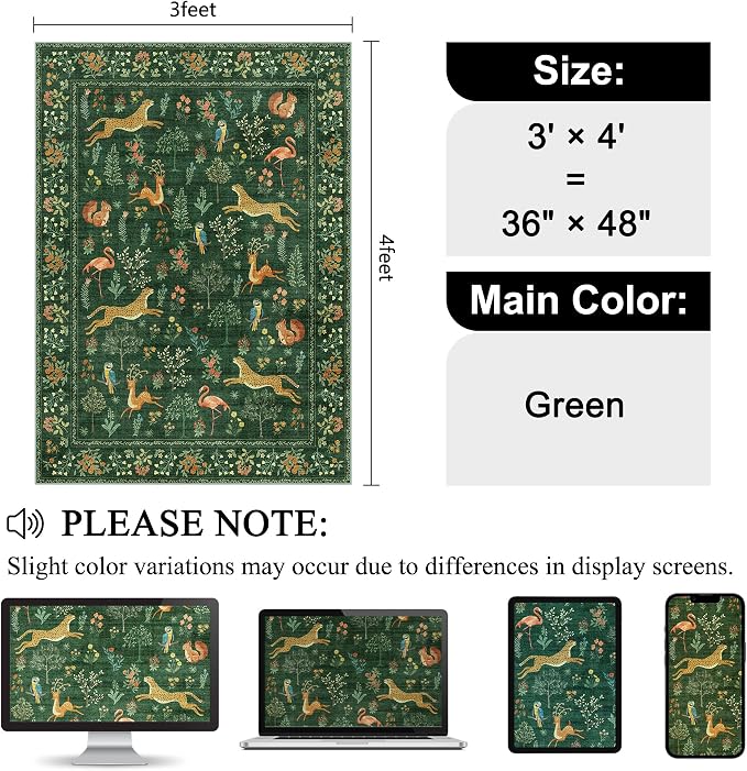 DUKINO 3x4 Washable Entryway Rug, Vintage Animal Ultra Soft Kitchen Area Rug - Image 2