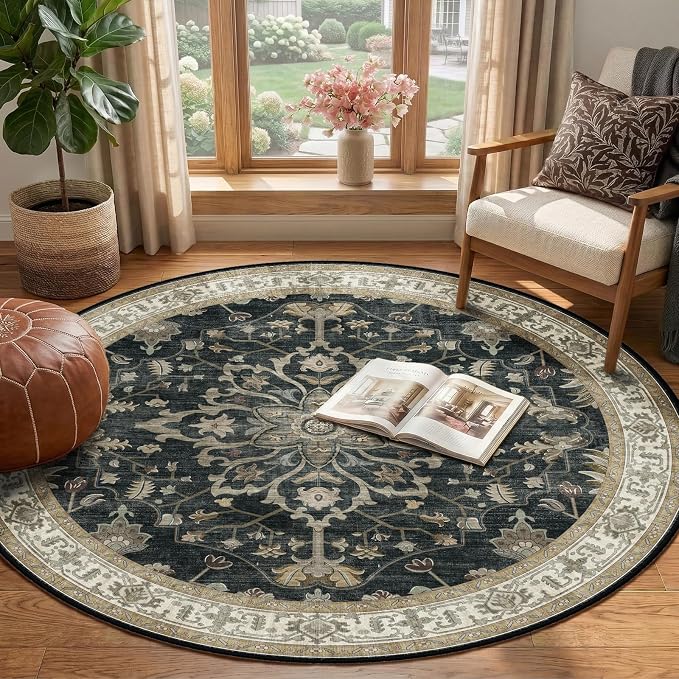RELEANY Area Rugs Round 4ft Washable Non-Slip, Floral Vintage Distress - Image 2
