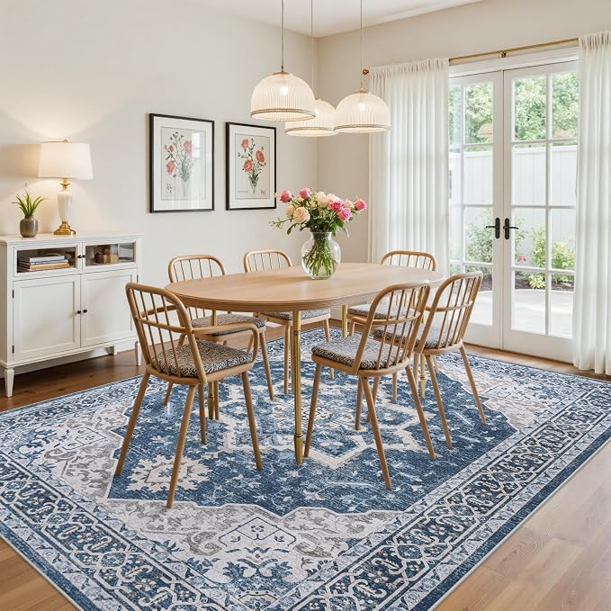 8x10 Area Rugs for Living Room:Blue Washable Vintage Medallion Boho Rug - Image 4