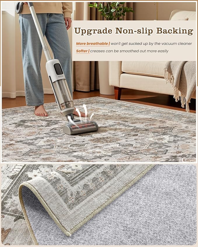 10x12 Vintage Area Rug: Washable Neutral Soft Non Slip Thin Large Floor Carpet - Image 5