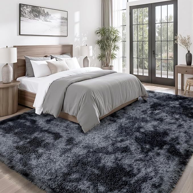 8x10 Area Rugs for Living Room Bedroom: Black Grey Soft Fluffy Shag Upgrade - Image 2