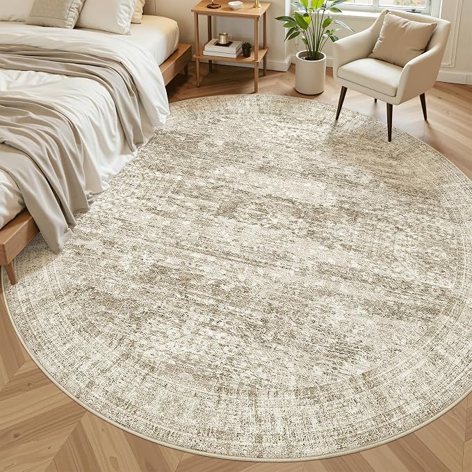 Soalmost 9x9 Brown Round Rug 9ft Living Room Circle Rug Vintage Round Area Rug - Image 4