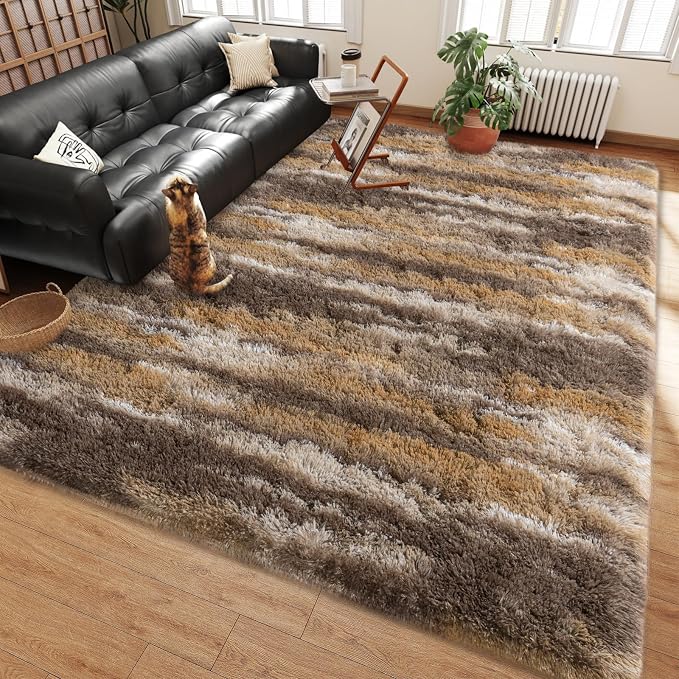 Shag Rugs for Living Room 8x10, Ultra Soft Abstract Brown Big Fuzzy Rugs for - Image 2