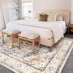 CHAMPLANT Washable Area Rug 9'x12' Blue Khaki Retro Flowers Boho Design - Image 2