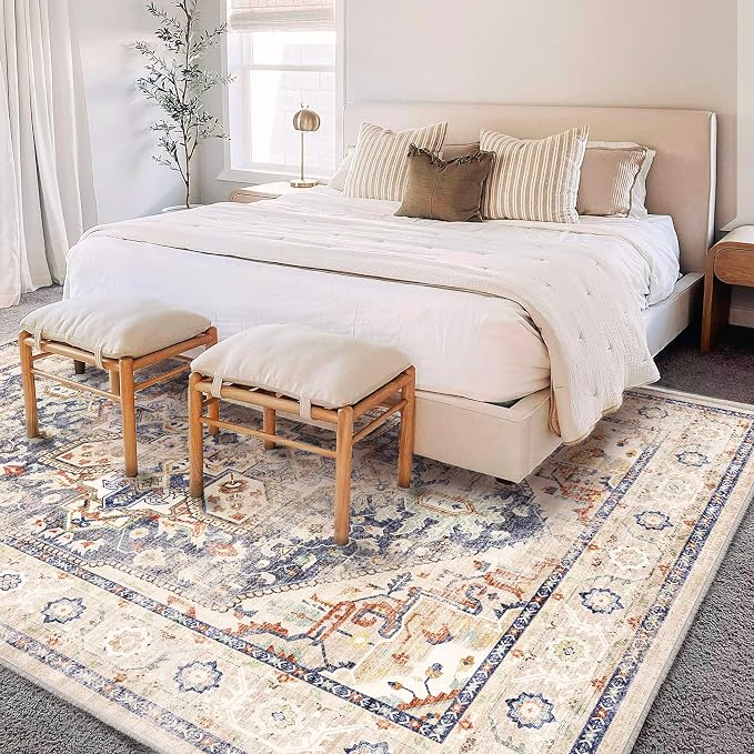 CHAMPLANT Washable Area Rug 9'x12' Blue Khaki Retro Flowers Boho Design - Image 2