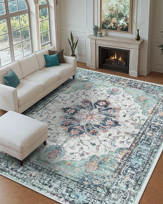 RELEANY Area Rugs Large 9'x12' Washable Non-Slip, Floral Vintage Distress - Image 2