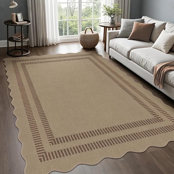 Scalloped 5x7 Rug for Living Room, Easy Jute Washable Outdoor Patio Carpet by LORWER