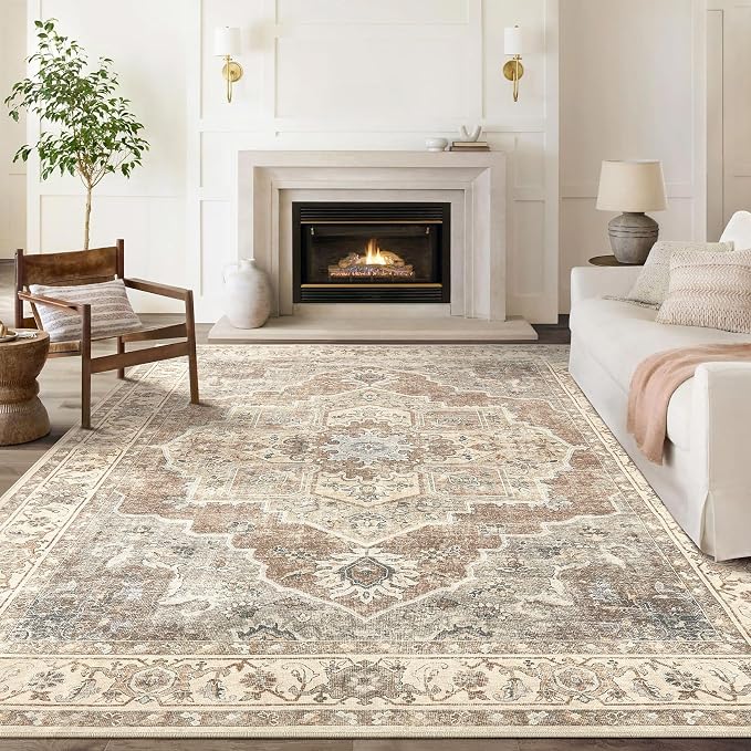 8x10 Washable Area Rug: Vintage Neutral Soft Non Slip Thin Large Floor Carpet - Image 2
