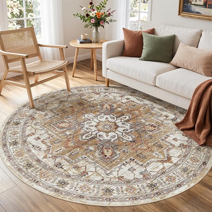 Madane Washable 6ft Circle Round Rug, 6x6 Circular Rugs Non-Slip Vintage Area by Madane
