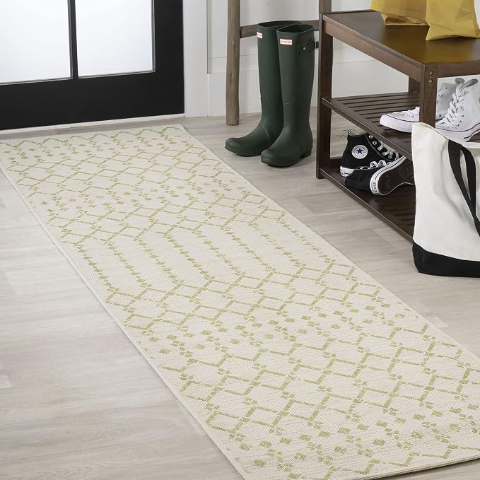 JONATHAN Y Moroccan Geometric Indoor Outdoor Runner Rug 2X10 Cream/Green by JONATHANY