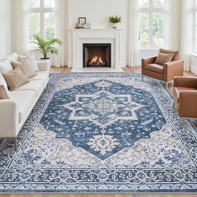 8x10 Area Rugs for Living Room:Blue Washable Vintage Medallion Boho Rug - Image 3