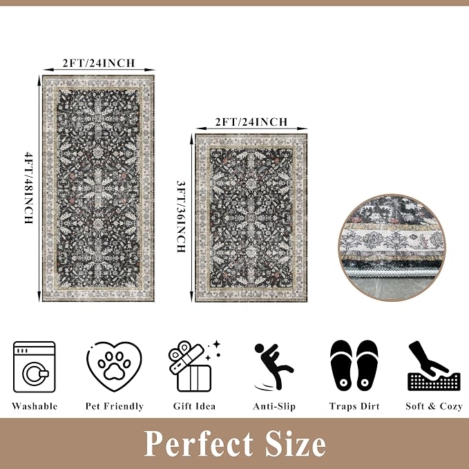 Kitchen Rugs Set of 2 Washable Non Slip – Soft Low Pile Boho Floral Decorative - Image 2