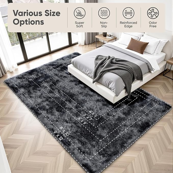Area Rug for Living Room Bedroom: 4x6 Black Grey Soft Fluffy Shag Upgrade - Image 8