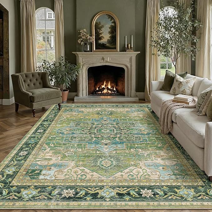 9x12 Washable Vintage Area Rug Green Oriental Living Room Bedroom Throw Rug by WondRg