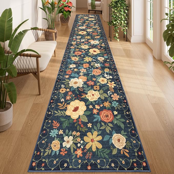 DUKINO 2.6x14 Kitchen Runner Rug, Lightweight Floral Washable Rug by DUKINO
