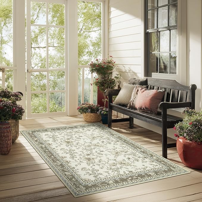 Floral Boho Rug 4x6 Washable Non Slip Area Rug Bohemian Carpet Door Mat Taupe - Image 9
