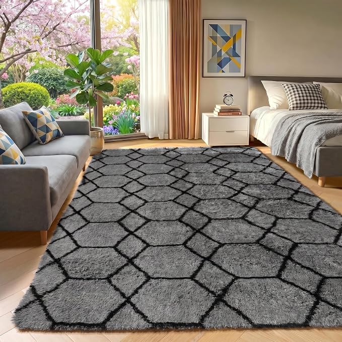 ONASAR 7x9 Area Rugs for Living Room Bedroom, Large Fluffy Grey and Black Throw - Image 6