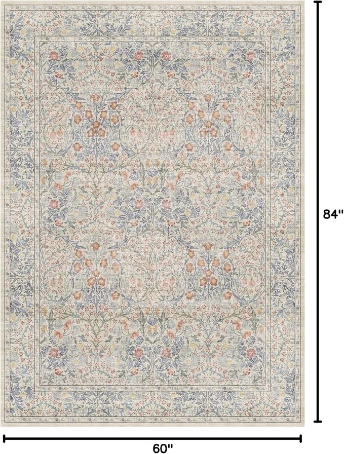 Beige Blue Living Room Rug 5x7, Cottage Area Rug - Image 2