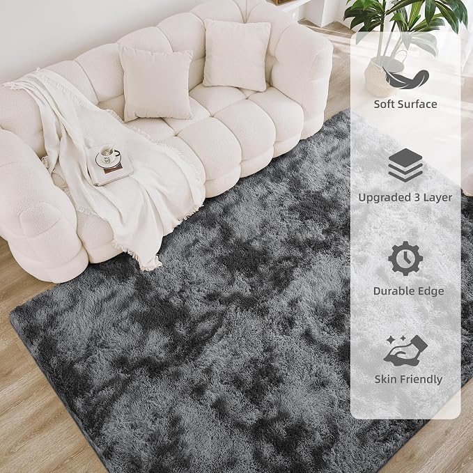 Litanika 6x9 Shag Area Rug for Living Room Bedroom, Tie-Dyed Dark Grey High - Image 4