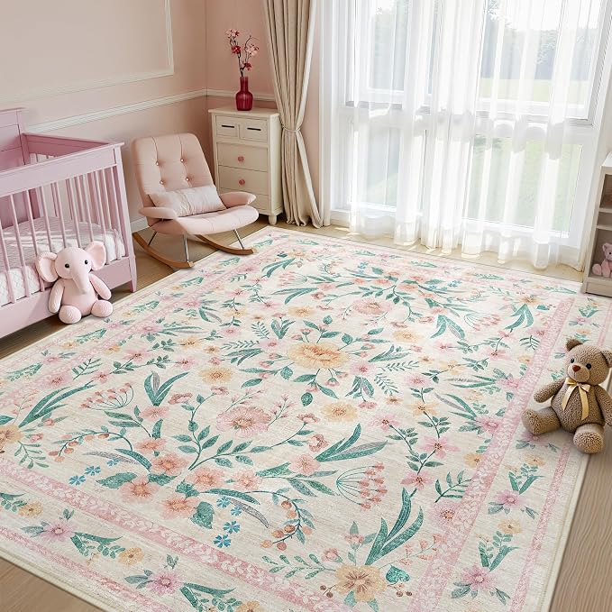 Pink Floral Area Rug 6x9, Soft Washable Girls Bedroom Rug by Dadasgk