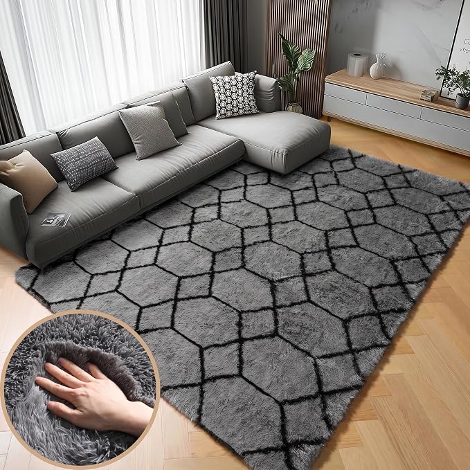 ONASAR 5x8 Area Rugs for Living Room, Fluffy Soft Grey and Black Geometric Rug by ONASAR