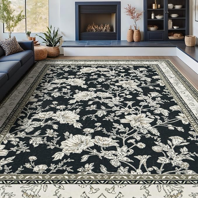 Black Floral Area Rugs 6x9 Living Room, Vintage Modern Farmhouse Boho Indoor by BILEEHOME