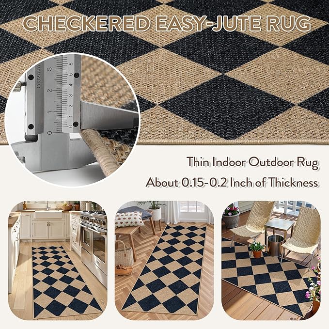 Lahome Checkered Easy Jute Non Slip Runner Rug, 2x6 Kitchen Runner Rug Washable - Image 3