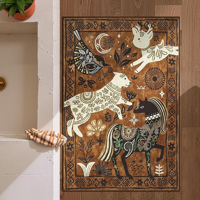 jinchan 2x3 Cute Area Rug Kids Washable Fun Rug Earthy Brown Starlit Boho Small by JINCHAN