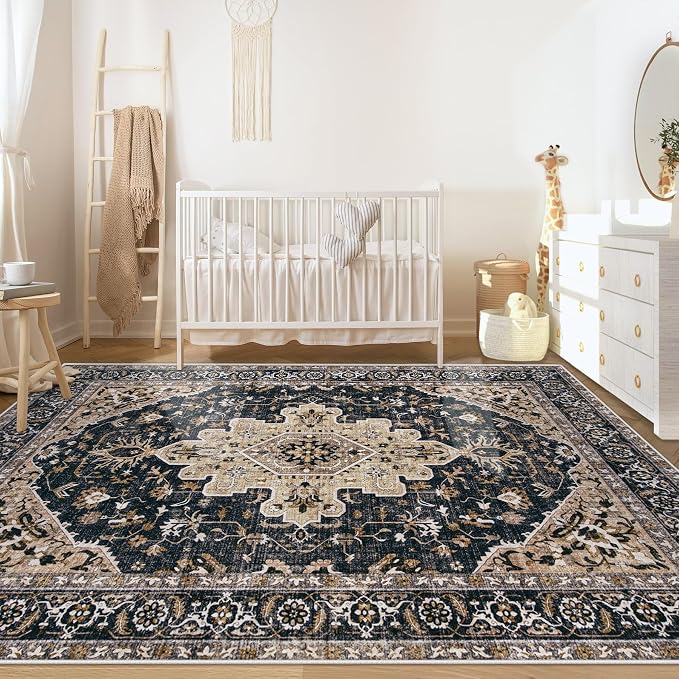 Area Rugs 6x9 Vintage Rug: Washable Living Room Rug Retro Medallion Distressed - Image 3