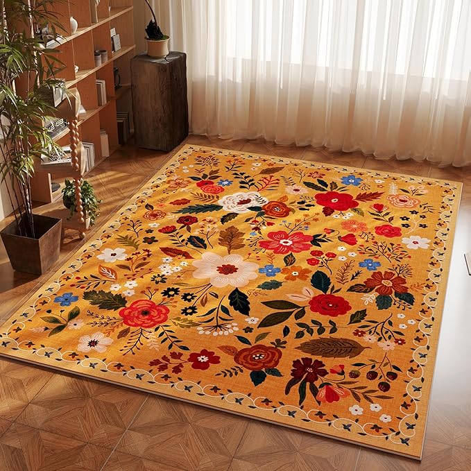 Rugcomf Area Rug 4x6 Rug Washable Boho Rugs Non Slip Low Pile Floral Small by Rugcomf