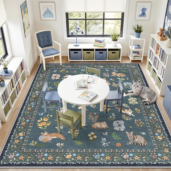 Soalmost Cat 8x10 Area Rugs for Living Room, Machine Washable Animal Floral - Image 2