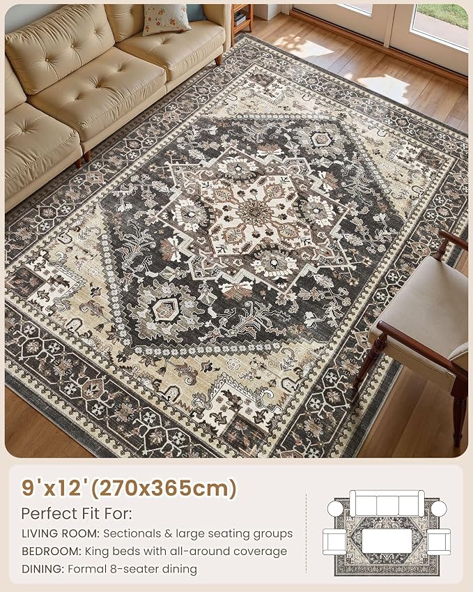 9x12 Vintage Area Rug: Washable Neutral Soft Non Slip Thin Large Floor Carpet - Image 8