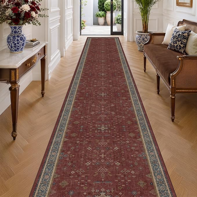 Hazo Haus Burgundy Washable 3x20 Extra Long Hallway Runner Rug, Neutral Boho by HazoHaus