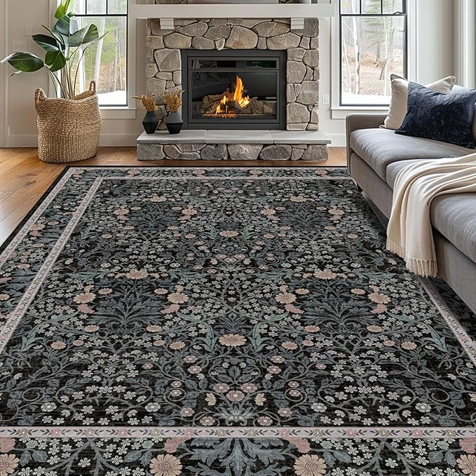 Vintage Black Living Room Rug, 8x10 Washable Area Rugs by Unknown