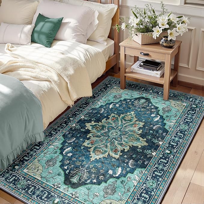 RELEANY Area Rugs 3'x5' Washable Non-Slip, Floral Vintage Distress Medallion by RELEANY