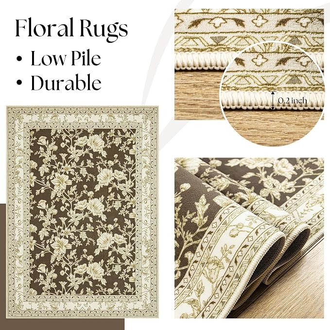 Brown Floral Print Area Rugs for Bedroom Living Room Boho Farmhouse Country - Image 7