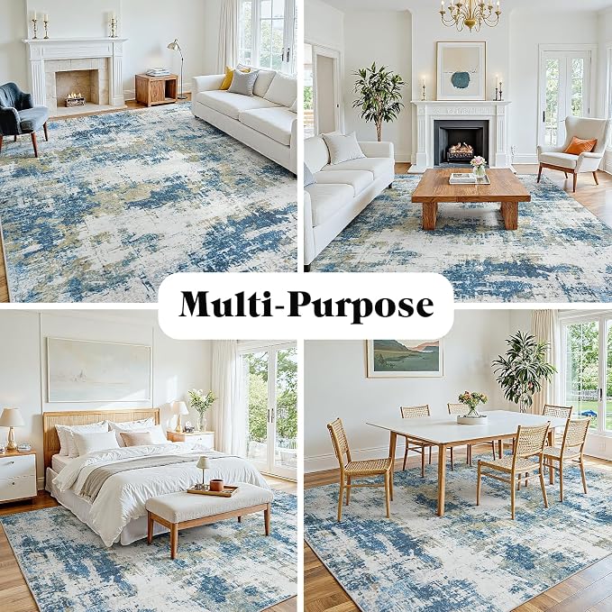 Area Rug 10x12 Living Room Rug Washable: No-Slip Abstract Soft Thin Large Blue - Image 4
