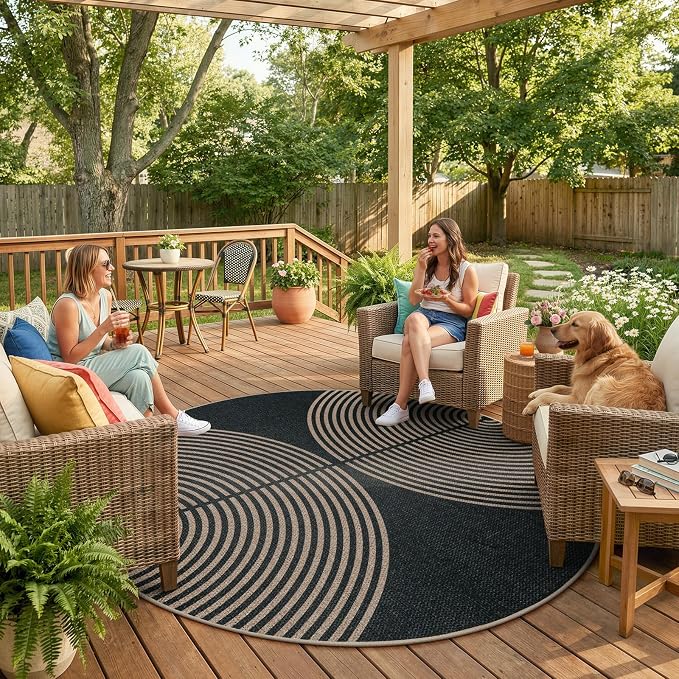 Lahome Enfys Modern Rainbow Round Rug, 6ft Easy Jute Circle Patio Rug Washable - Image 3