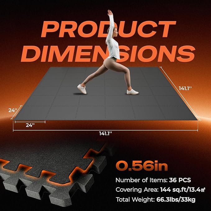 SUPERJARE 0.56'' Thick 36 Pcs 144 Sq Ft Rubber Top Exercise Equipment Mats - Image 7