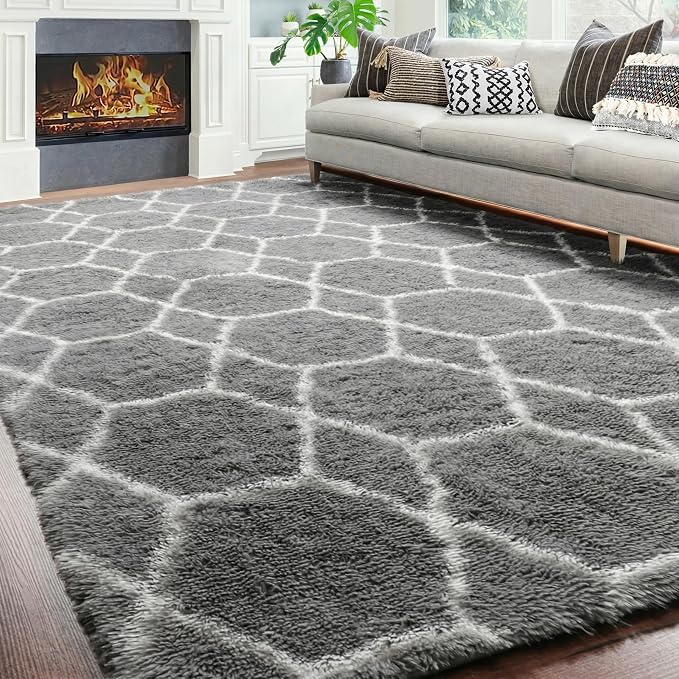 ONASAR 7x9 Area Rugs for Living Room Bedroom, Large Fluffy Grey and White Throw - Image 5