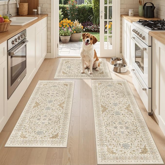 Madane Washable Kitchen Rug Set of 3, Small Area Rug Non-Slip Vintage Entryway by Madane