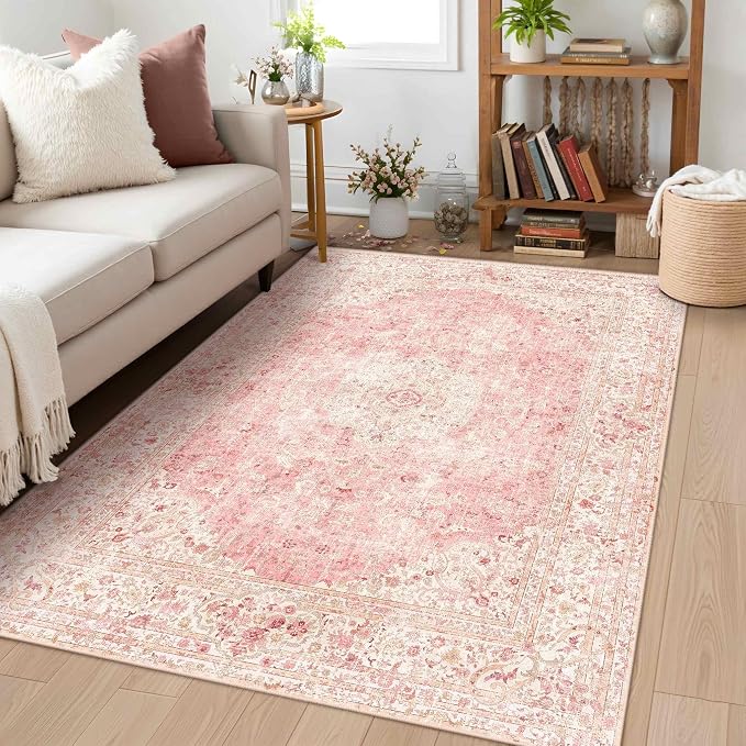 Latte&Fog 3x5 Entryway Pink Area Rugs, Vintage Floral Washable Rugs Cute Girls - Image 3