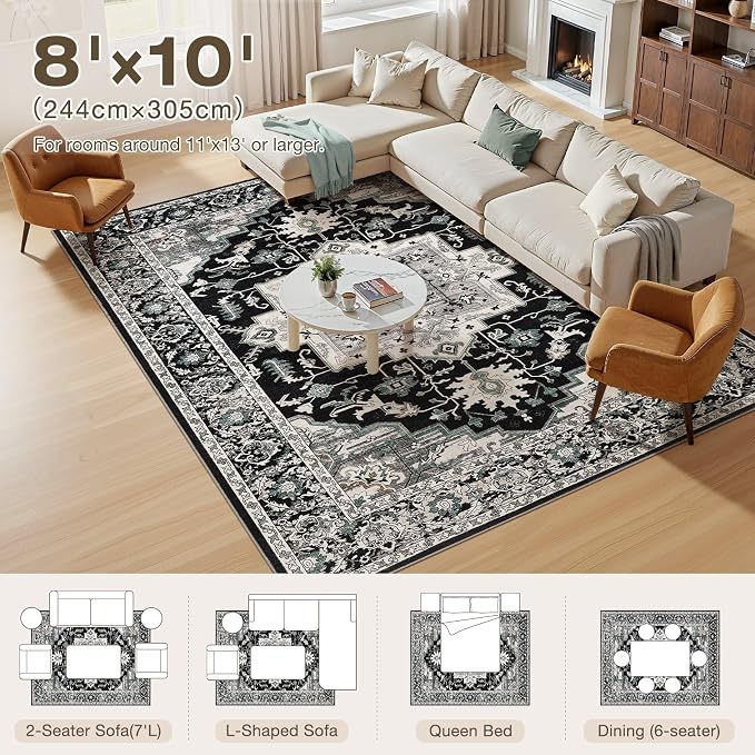 8x10 Area Rugs Living Room: Washable Vintage Rug Large Non-Slip Stain Resistant - Image 4